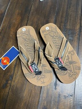 Budweiser Men's Brown Flip Flop Sandals with Printed Graphic Footbed